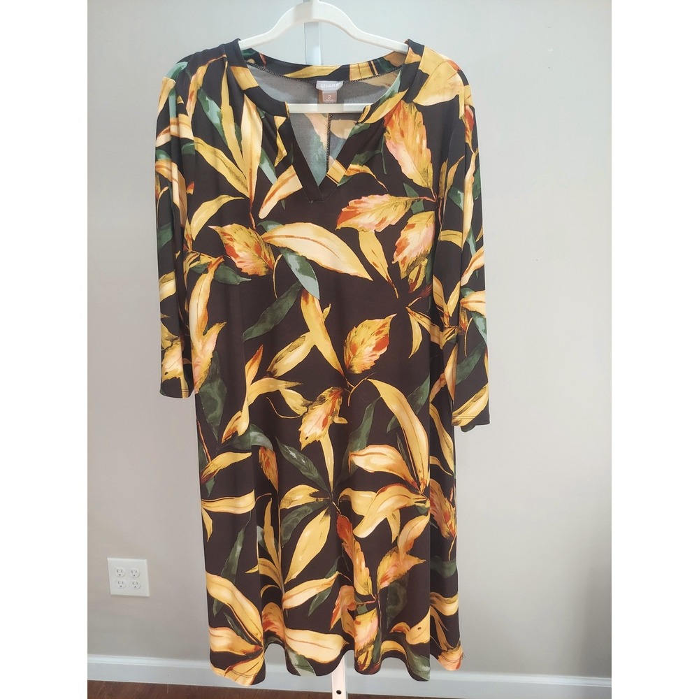 Chicos Womens Size 2 Tropical Leaf Print V-Neck 3/4 Sleeve Shift Dress Brown